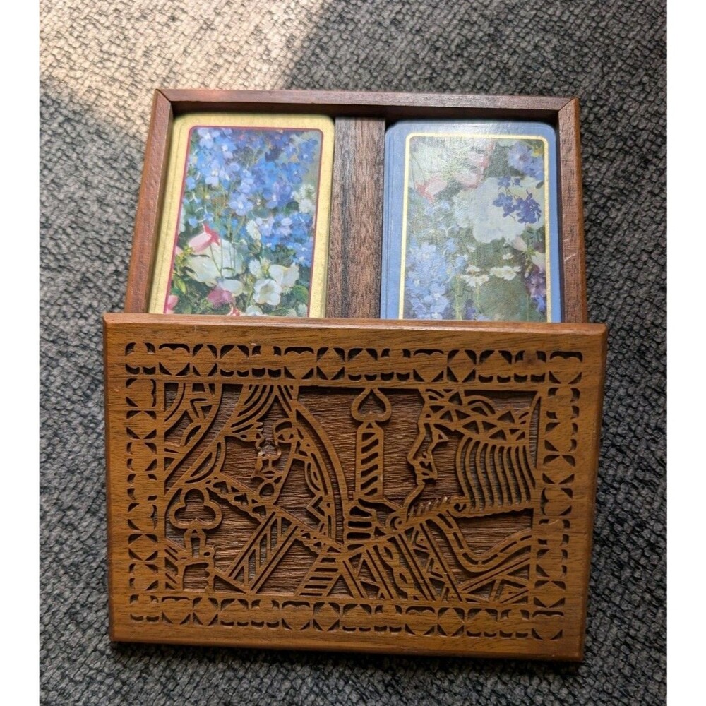 Vintage Lazercraft Card Box & 2 Deck Floral MCM Walnut
